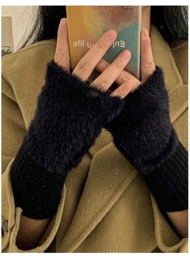 واي جيه قفازات دافئة بدون أصابع، قفازات شتوية ناعمة من الكشمير باللون الأسود - Image 5